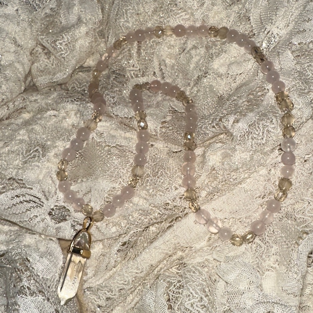 Rosé Champagne Necklace (Rose Quartz, Cream Crystal and Clear Quartz Pendant)